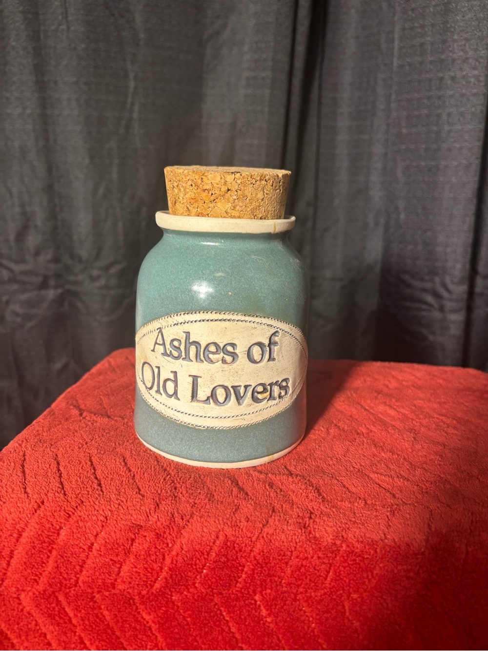 Dr. Brophy’s Word Jar with Cork Lid — Teal "Ashes of Old Lovers"